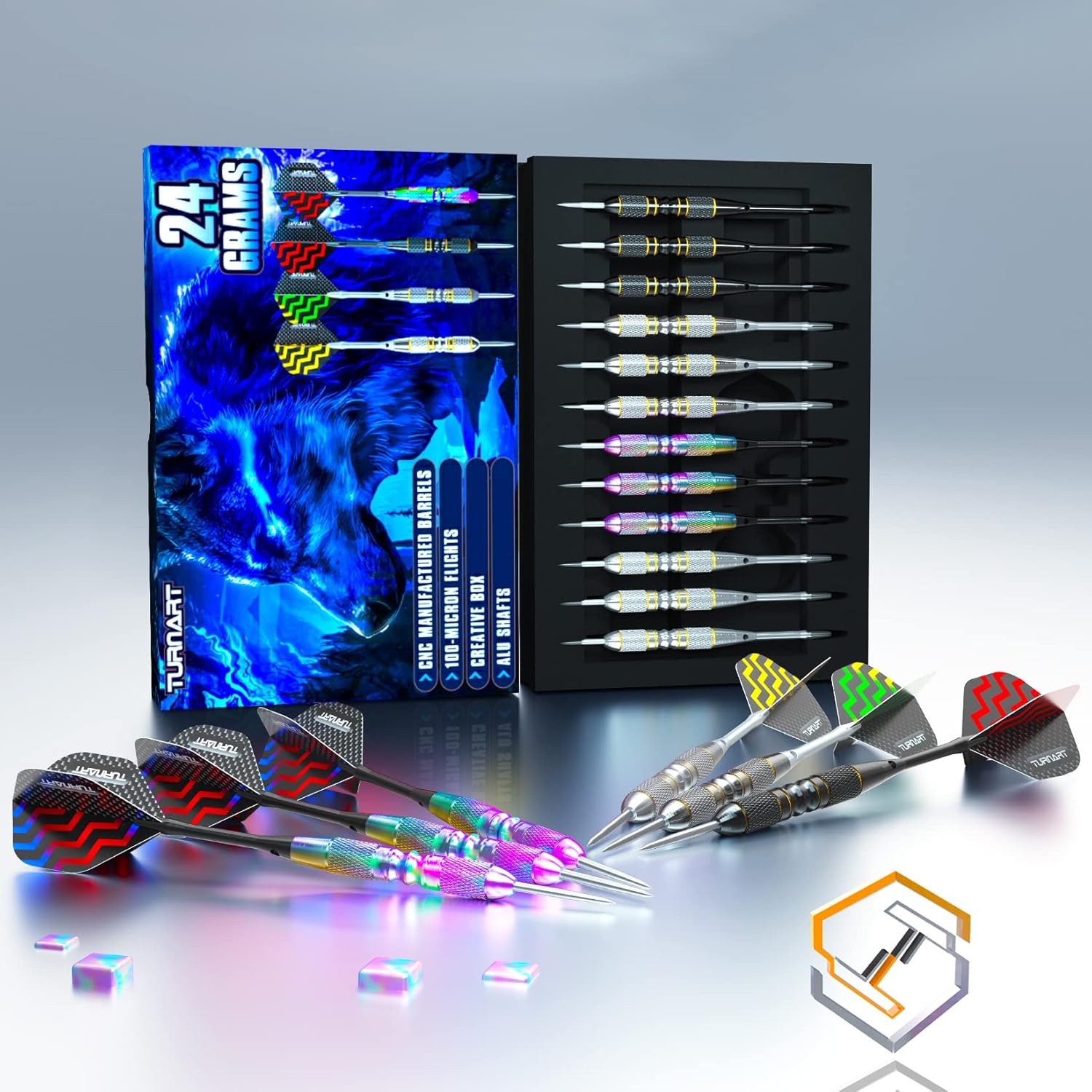 Turnart Darts Metal Tip Set - Professional Steel Tip Darts 12 Pcs with Stylish Case & Extra Flights