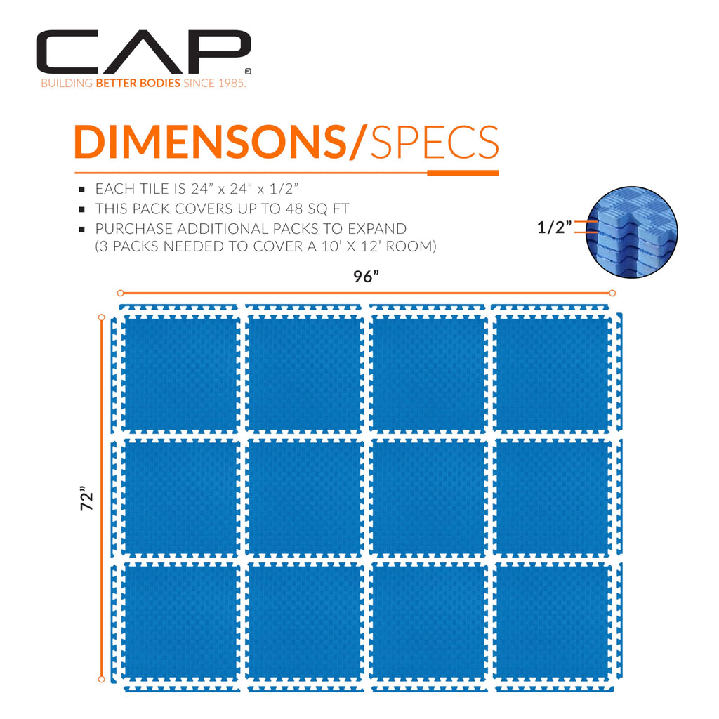CAP Barbell 1/2-Inch Interlocking EVA Foam Exercise Puzzle Mat Home Gym Flooring - 2 Pack | 24" x 24" x 1/2" | Tatami Pattern - Blue