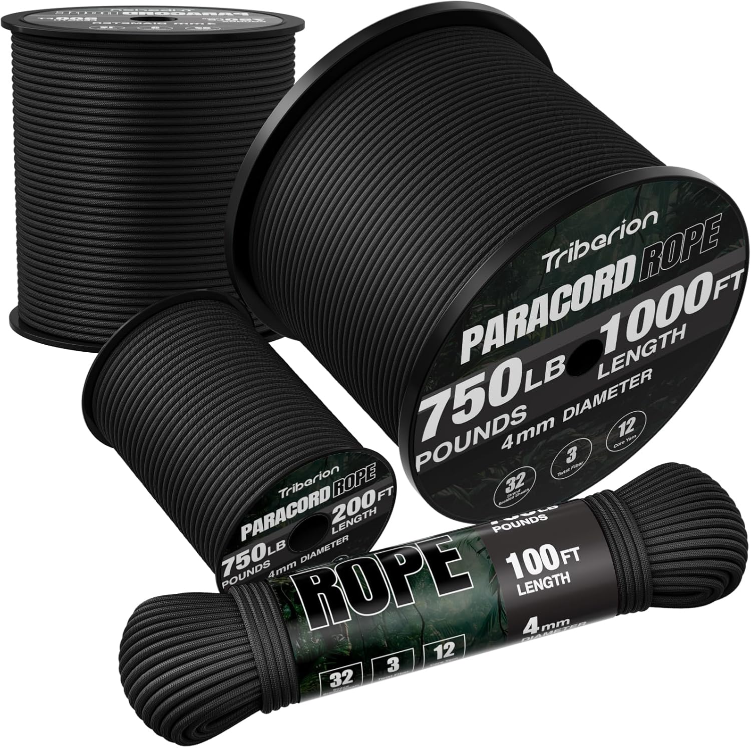 Paracord Rope 750 lb - 200ft Heavy Duty 12-Strand Parachute Cord | Black Survival & Camping Gear