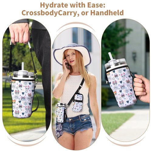 AUPET Water Bottle Holder Carrier Bag fit for 30/20 /14 oz Stanley Flowstate IceFlow Yeti Tumbler,Cup Accessories Sleeve Sling with Phone Pouch & Strap (Cute cat Heart, fit for Tumbler 20oz)