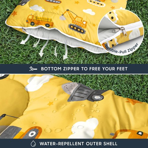 Wake In Cloud - Construction Car Kids Sleeping Bag for Boys Toddlers, Camping in Warm Cold Weather, Backpacking Lightweight Compact Outdoor Liner for 3 Seasons Summer Spring Fall, Yellow