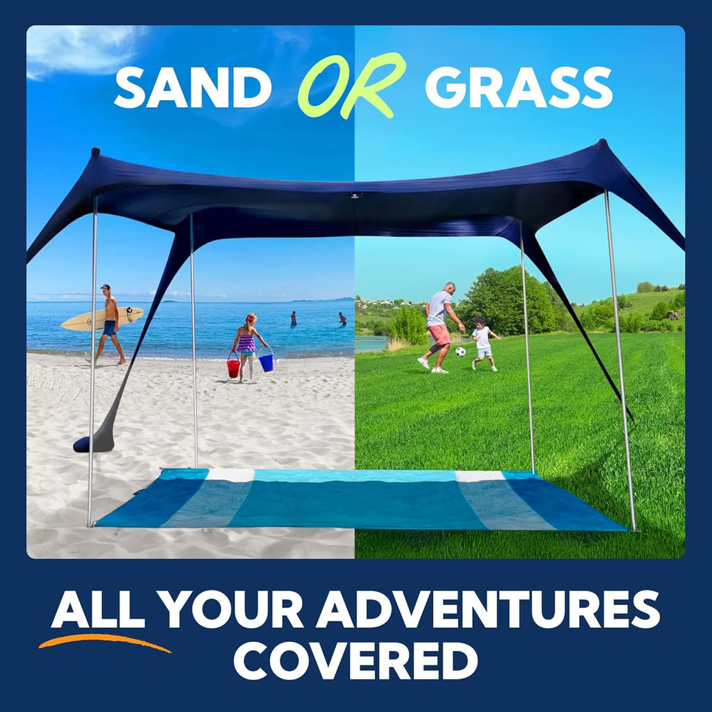 SUN NINJA Beach Tent Sun Shelter | UPF50+ Easy Pop-Up Canopy for Camping & Picnics - Includes Sand Shovel & Stability Poles