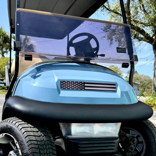 Black and Grey American Flag Fits Club Car Precedent Golf Cart Front Name Plate. Fits Club Car Precedent Carts Dressed