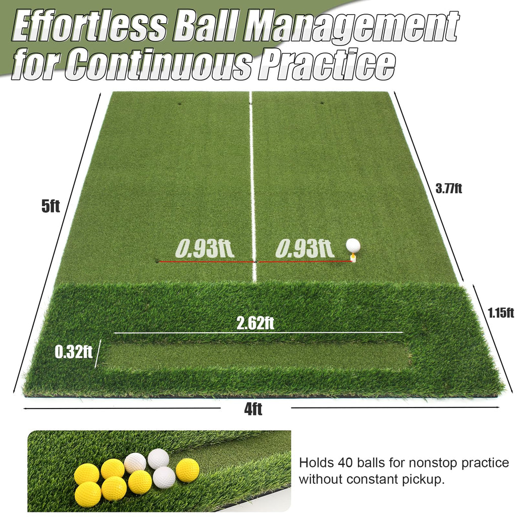 WYDHven 5x4 Ft Golf Hitting Mat for Indoor and Outdoor Practice, 23mm/47mm Premium Dual Turf Surface with Fairway and Rough, Golf Practice Mat with 9 Golf Balls, for Golfers