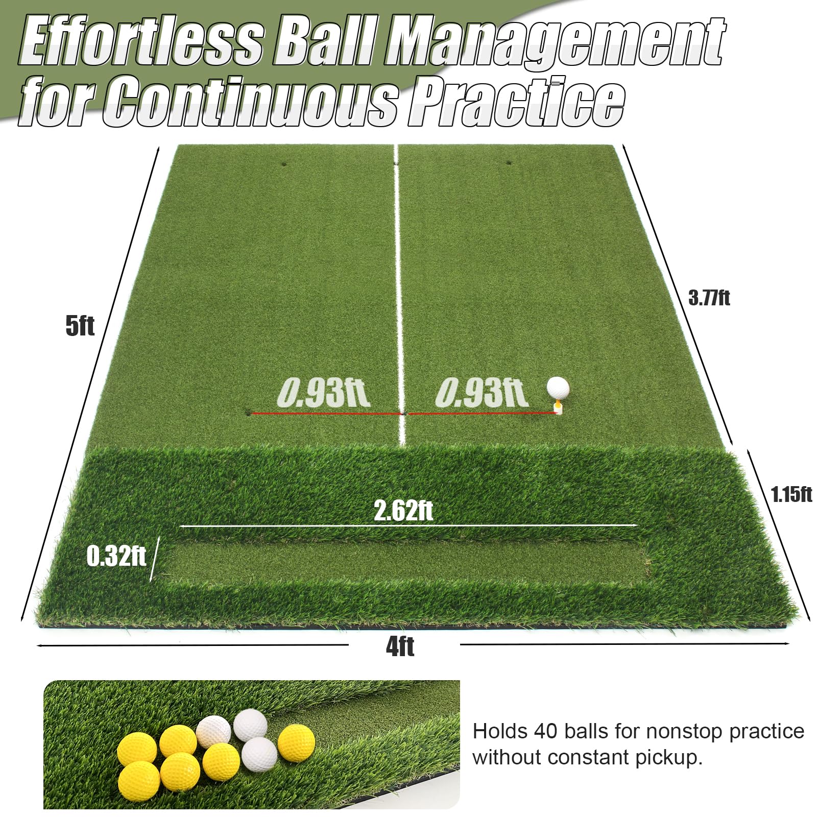 WYDHven 5x4 Ft Golf Hitting Mat for Indoor and Outdoor Practice, 23mm/47mm Premium Dual Turf Surface with Fairway and Rough, Golf Practice Mat with 9 Golf Balls, for Golfers