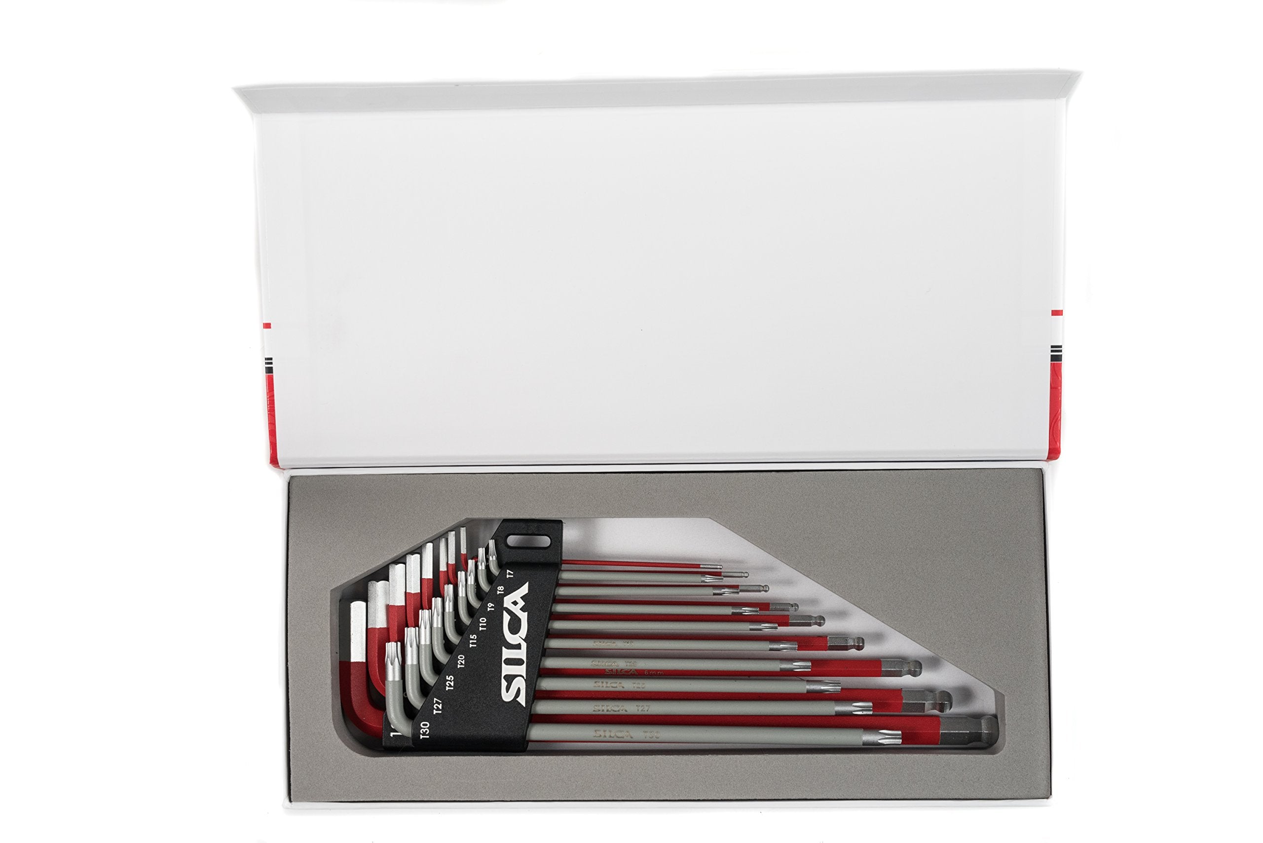 SILCA HX-TWO Heavy Duty Essential Metric Hex and Torx Set | Torx 7 - T30 - Hex 1.5 - H10 | Color Powder coated Red and Grey texture non slip grip | Swiss tool steel L wrench Allen key.