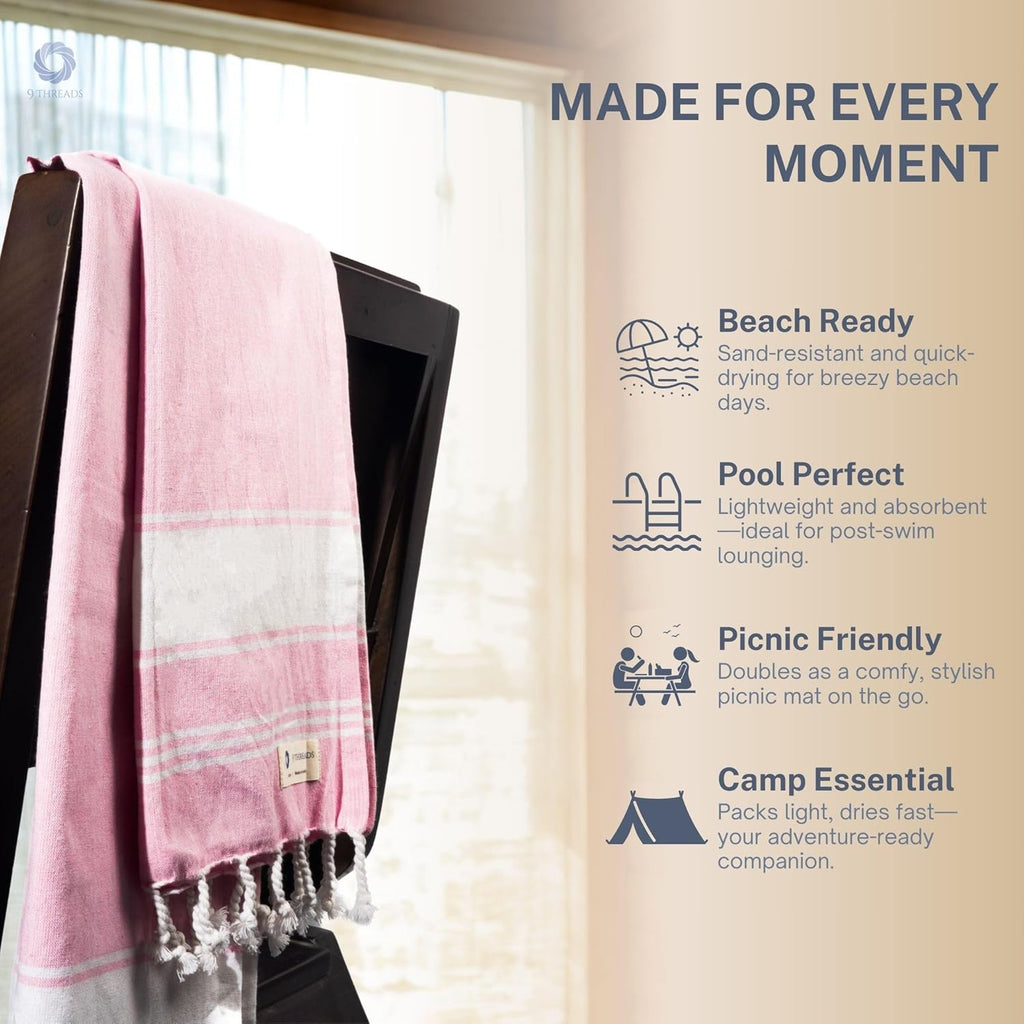 Skiennix Oversized Cotton Turkish Beach Towels - Quick Dry & Absorbent | Extra Large 36"x72" - Pink, 2 Pack