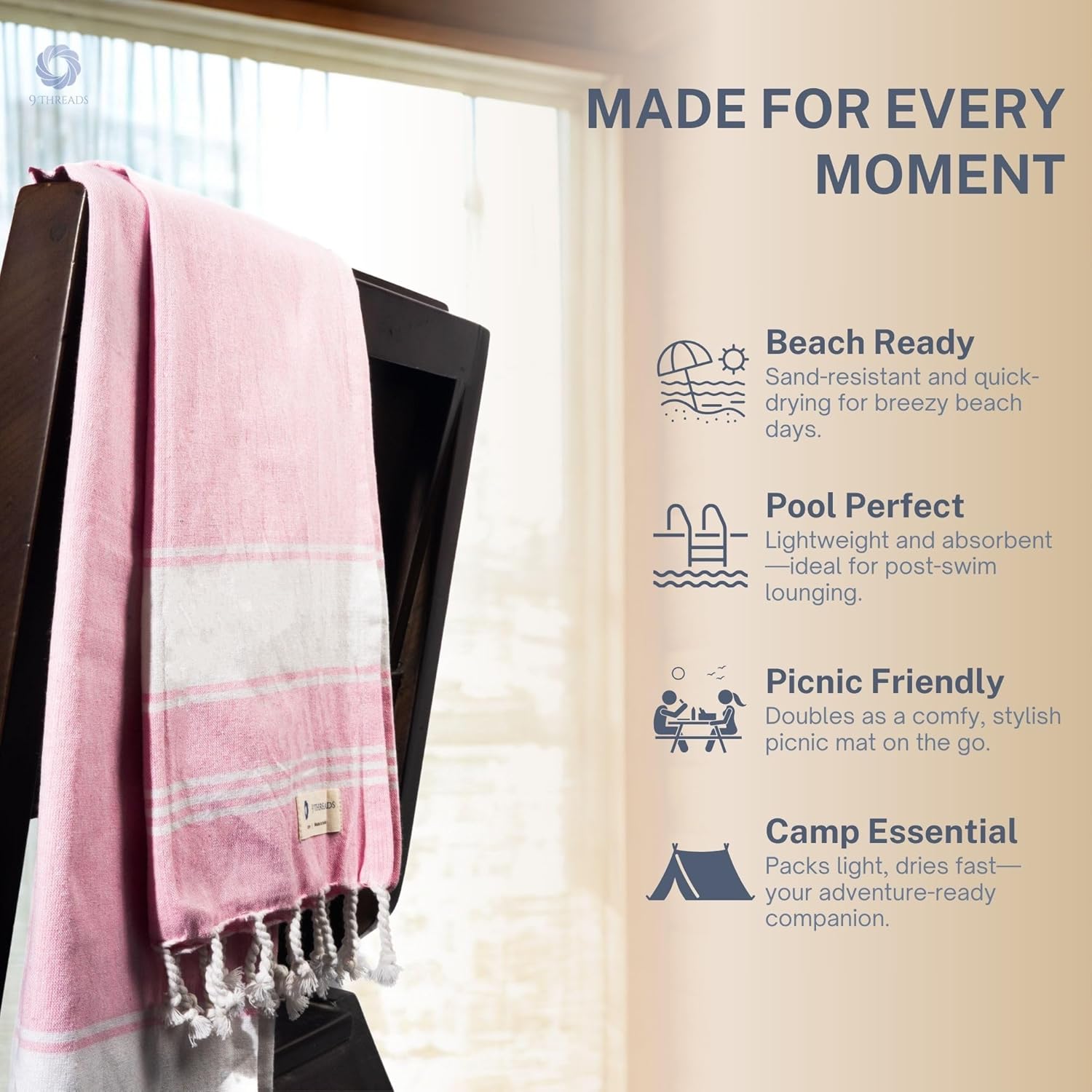 Skiennix Oversized Cotton Turkish Beach Towels - Quick Dry & Absorbent | Extra Large 36"x72" - Pink, 2 Pack