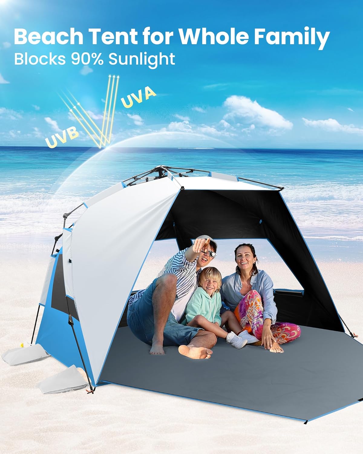 OutdoorMaster Beach Tent - Portable 4-Person Sun Shade with Blackout Technology & UPF 50+ Protection