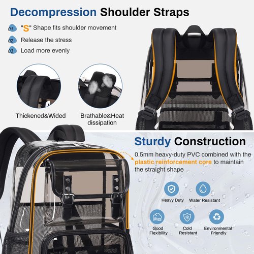 PIG PIG GIRL Clear Backpack Heavy Duty, PVC Clear Bookbag Transparent Backpack See Through Bag for Stadium College for Adult Men Women, Semi-Black