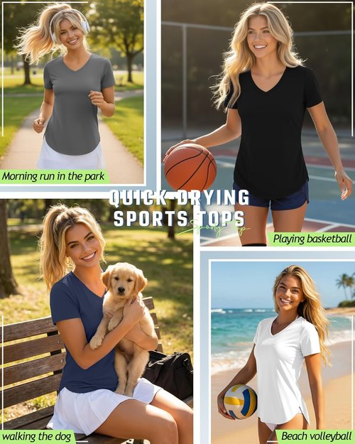 Locoowai Women's V-Neck Workout Shirts - Quick Dry, UPF 50+ UV Protection, 5 Pack | Short Sleeve, Side Slits
