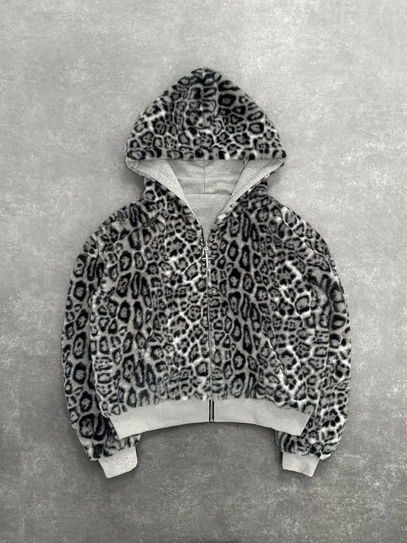 Leopard Print Reversible Hoodie Jacket - Grey Medium, CUTEGAL