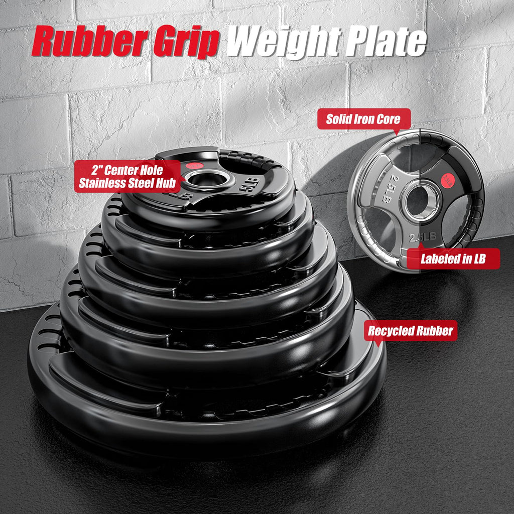 GIKPAL 5LB Olympic Weight Plates Pair, Three-Grip Rubber Coated 2-Inch Plates with Steel Hub for Beginner Strength, Core Work & Home Gym Use