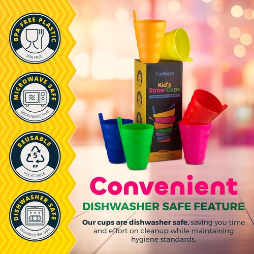 JoyServe Kids Cups - (Set of 6) - 10oz Toddler Cups with Straws for Kids - Stackable BPA-Free Plastic Sip-A-Cup Drink Tumblers for Water, Juice, Milk - Dishwasher Safe, Everyday Use, Neon Colors