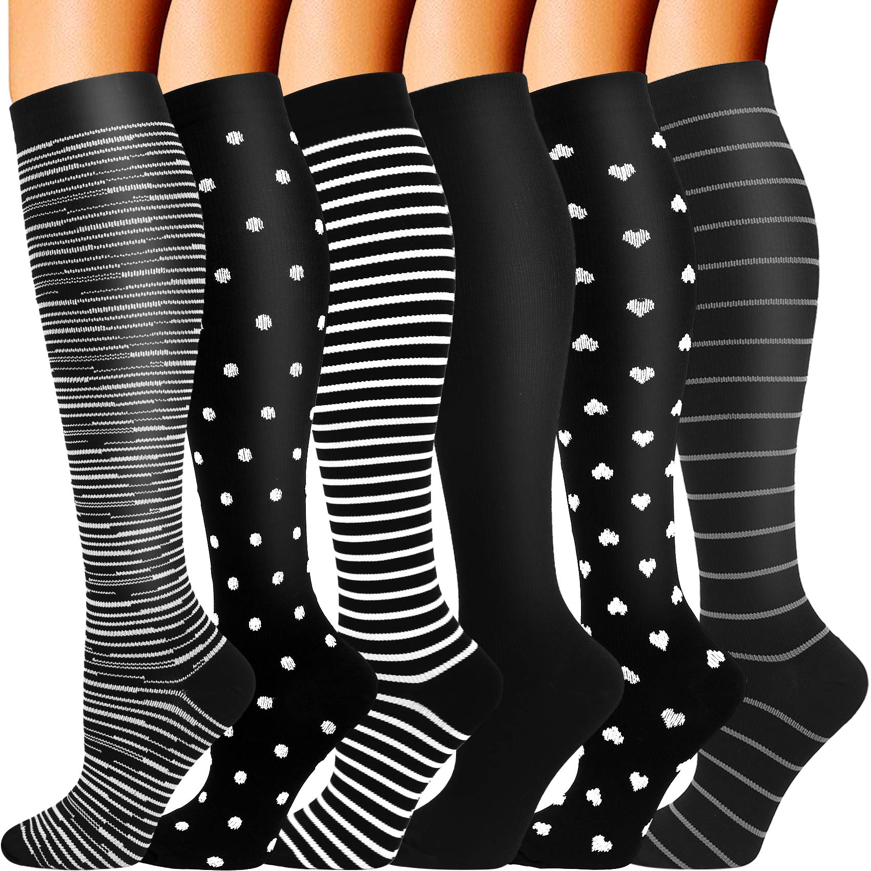 Double Couple 6 Pairs Compression Socks for Men Women 20-30mmhg Wide Calf Compression Sock for Sports Circulation