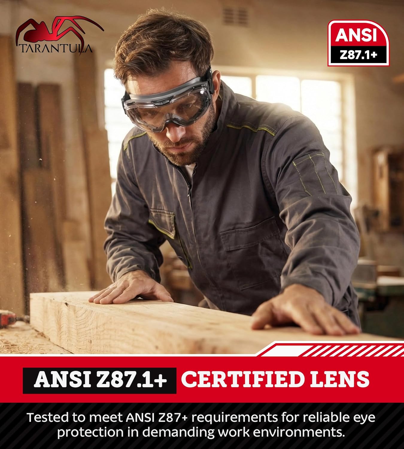 Tarantula Safety Goggles - ANSI Z87.1+ Over Glasses with Anti-Fog & Anti-Scratch Features | Adjustable Strap for Lab & Woodworking