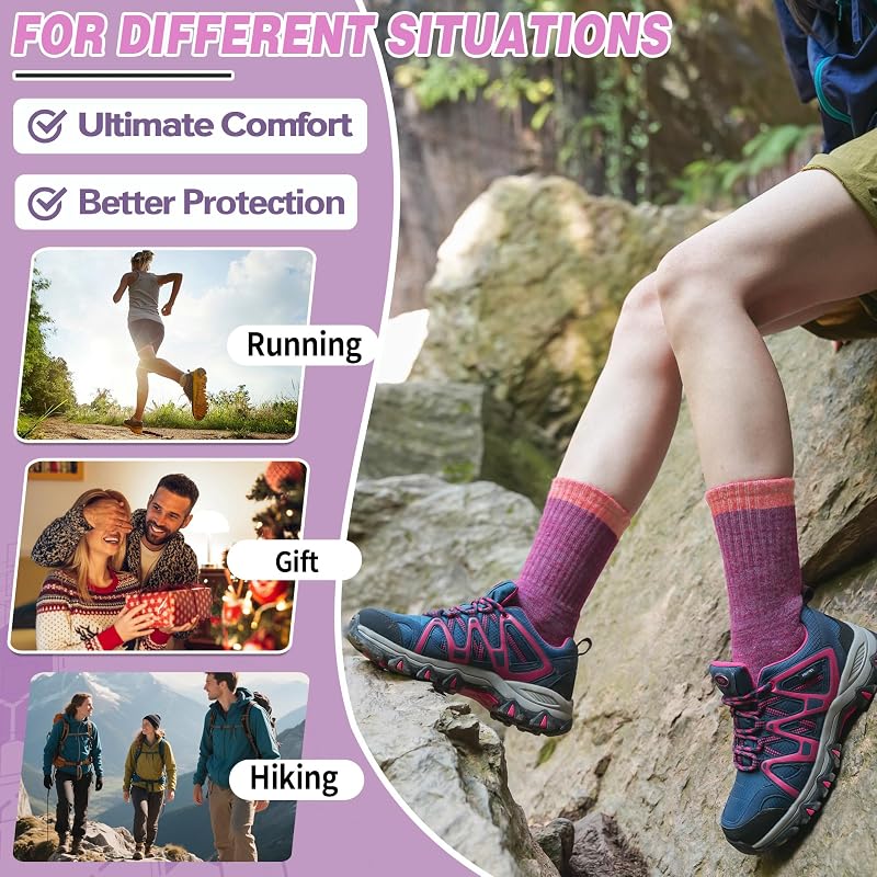Merino Wool Hiking Socks for Women - Thermal, Cushioned, Moisture-Wicking, 5 Pairs (Black/Gray/Blue/Rose Red/Dark Caramel) Medium