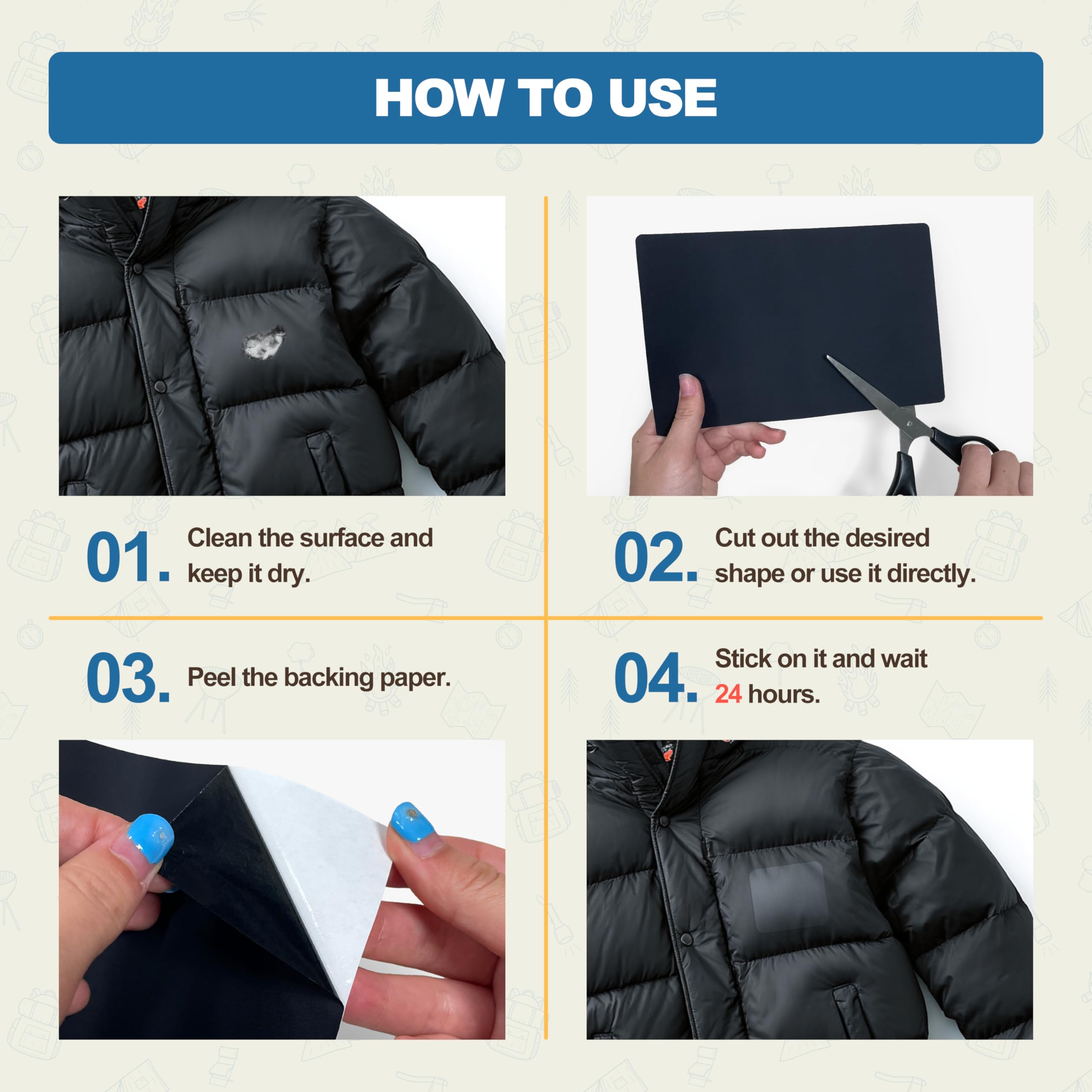KING MOUNTAIN Self Adhesive Nylon Fabric Repair Patch, 9×11 Inches 4 Pcs, Quick Down Jacket Repair Patch, Waterproof Outdoor Gear Patch Kit for Tent,Backpacks,Umbrella, Gloves(Dark Grey