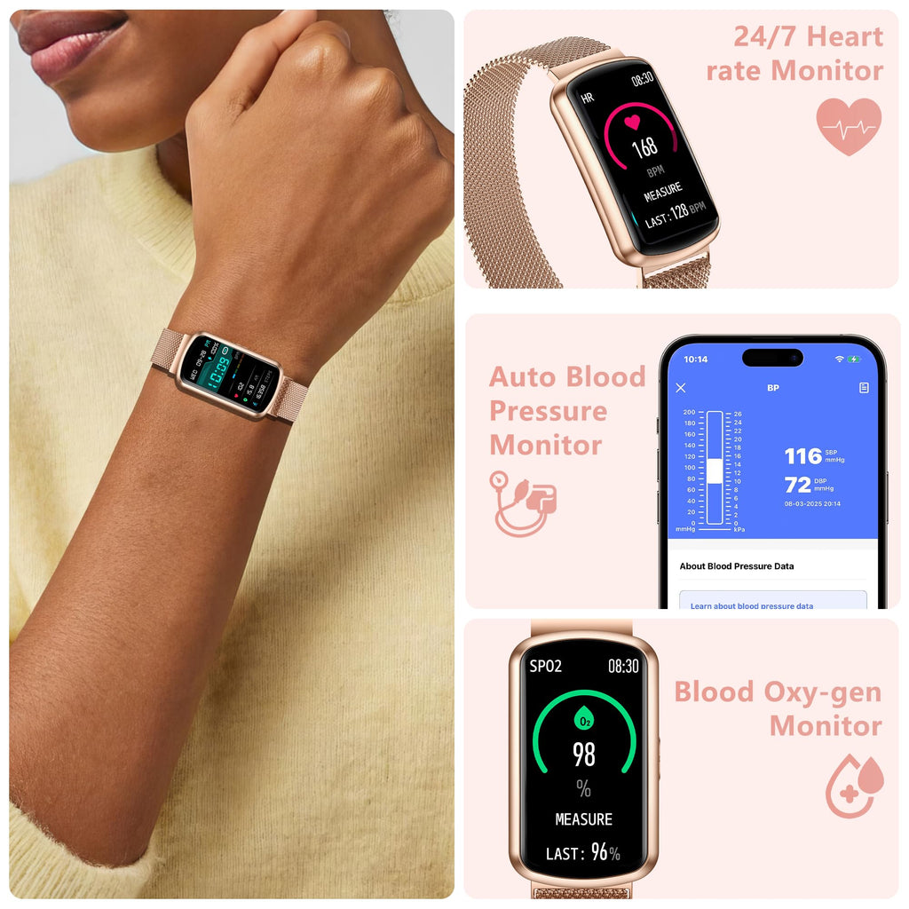 Health Fitness Tracker, Smart Watch with 24/7 Heart Rate, Activity Tracker with Blood Pressure and Blood Oxy-gen Monitor, 120 Sport Mode Waterproof Sleep Tracker for Women Men (Pink Gold)