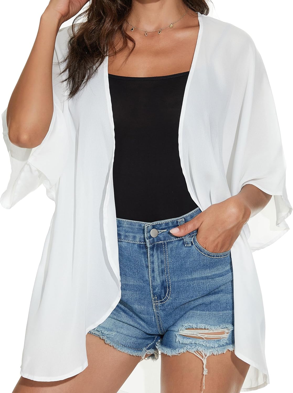 Skiennix Women's Floral Print Puff Sleeve Kimono Cardigan - Casual Loose Cover-Up Top