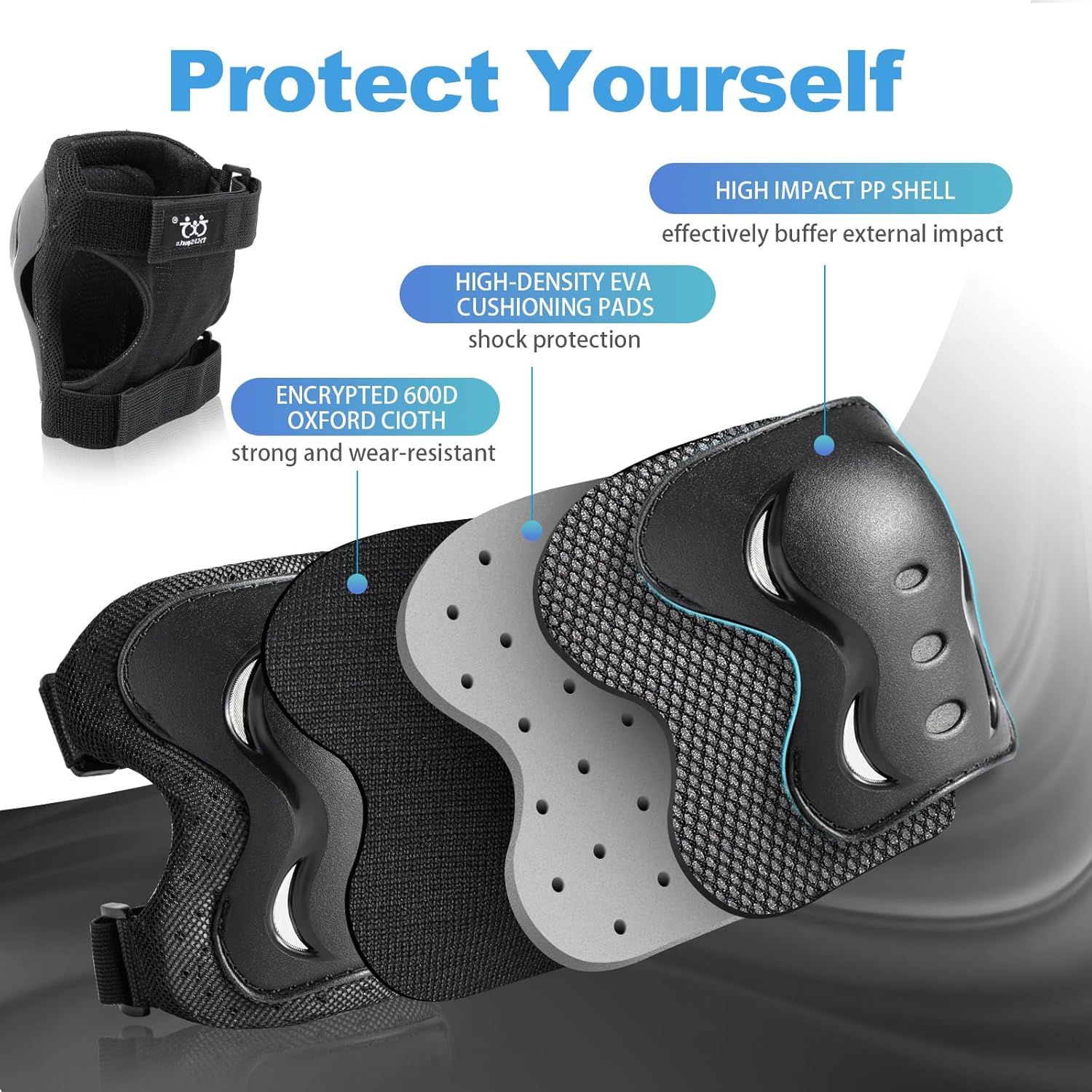 Skiennix Protective Gear Set - Knee Pads, Elbow Pads & Wrist Guards - 6 Pack for Skating & Cycling