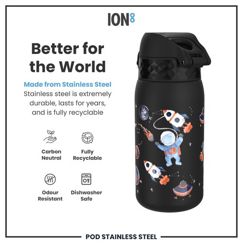 Ion8 Kids Water Bottle, Steel 400 ml/13 oz, Leak Proof, Easy to Open, Secure Lock, Dishwasher Safe, Flip Cover, Carry Handle, Easy Clean, Durable, Scratch Resistant, Raised Print, Space Travel Design