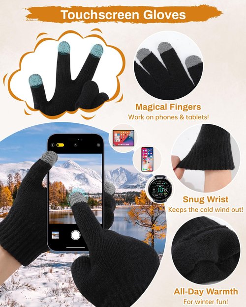 AWAYTR Winter Beanie Hat Gloves Scarf Set for Women - 3 Piece Knit Gift Set with Pom Pom Hat Touch Screen Gloves and Scarf (Black)