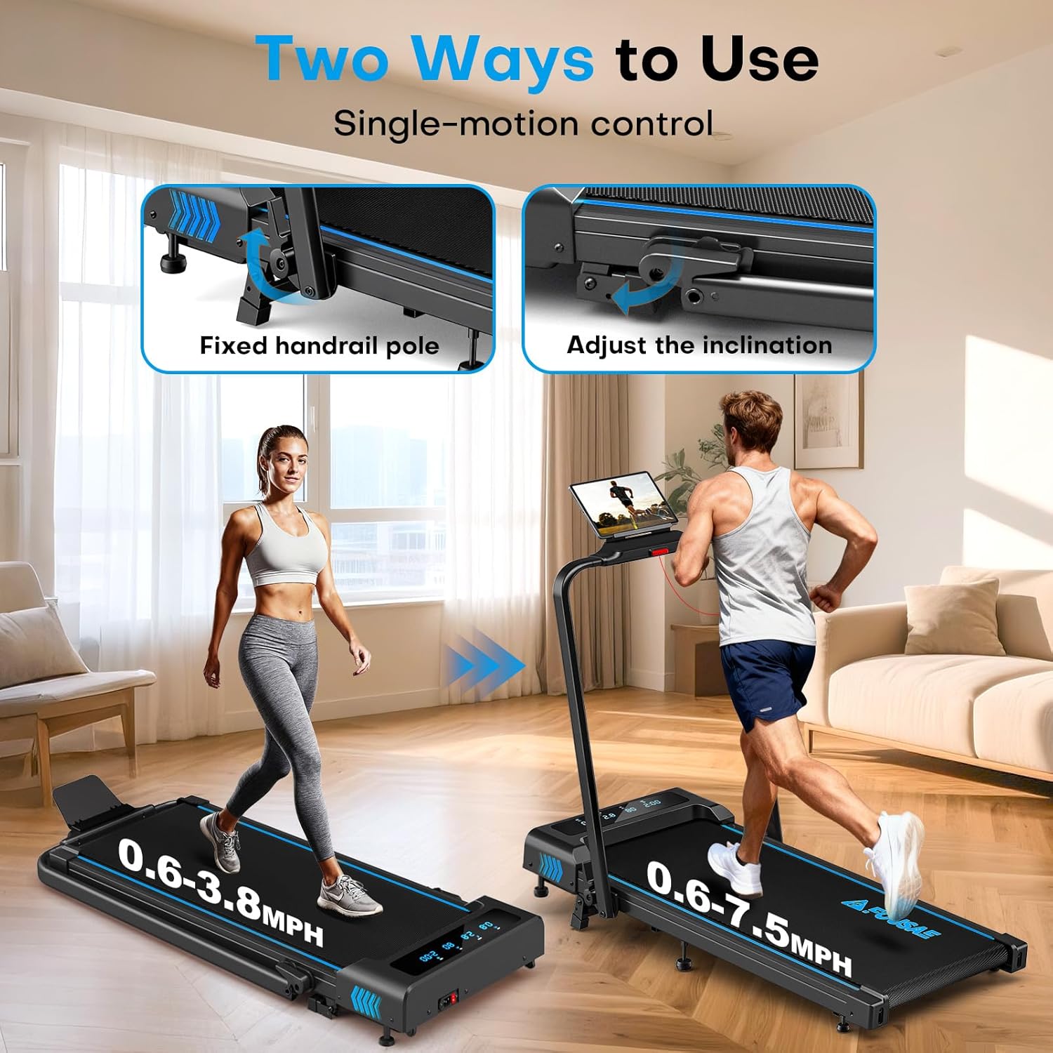 Skiennix Walking Pad Treadmill - 4-in-1 Under Desk Design with 10% Incline, 6.2MPH Speed, 350 LBS Capacity