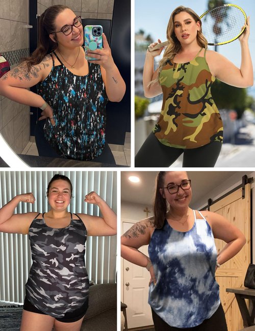FOREYOND Women's Plus Size Workout Tank Tops Racerback Loose Fit Sport Athletic Tops Yoga Running Summer Shirts, Blue Tie Dye, 1XL
