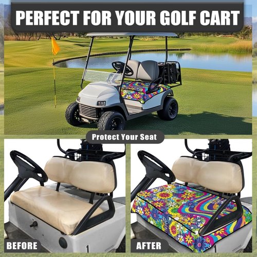 Suobstales Hippie Daisy Swirl Print Golf Cart Seat Towel Blanket Cover with 4 Pockets for All Weather, Non-Slip Golf Cart Seat Cover Compatible with EZGO, Club Car and More 2-Seat Golf Carts