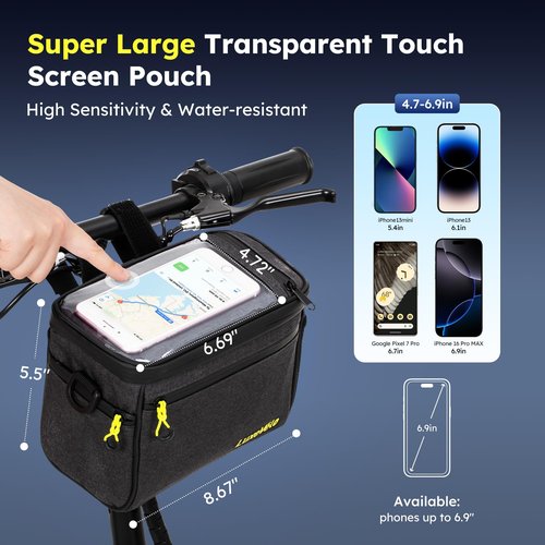 RegalRider Bike Handlebar Bag – Waterproof 5L Large Capacity Storage Front Bike Bag, Top Touchscreen Phone Pouch, Bike Storage Bag Includes Extra Sides Pockets & Shoulder Strap for Outdoor Riding