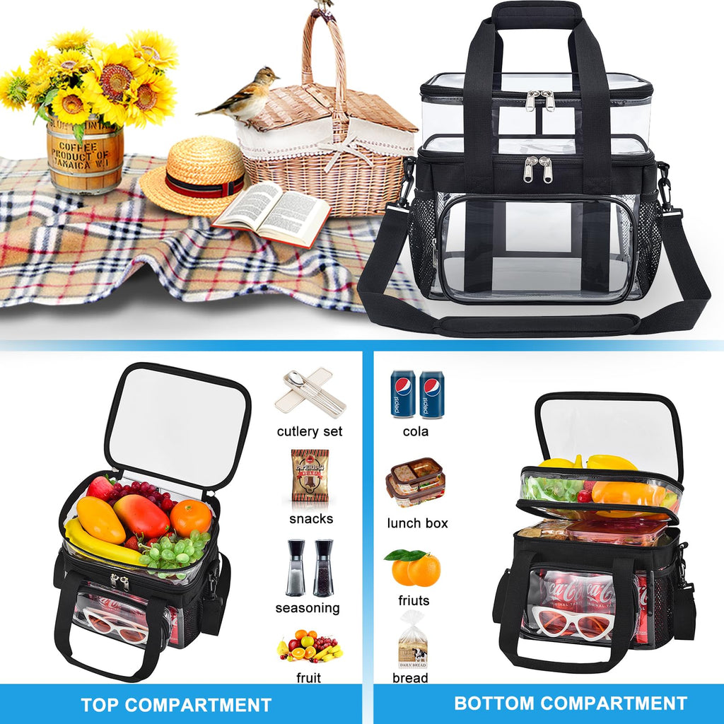Jeluno Clear Lunch Bag - Large Clear Lunch Bag for Work Double-Deck Reusable Lunch Bag with Adjustable Strap, Front Pocket and Top Compartment for Picnic, Beach, Work, School（2-3 People Use）