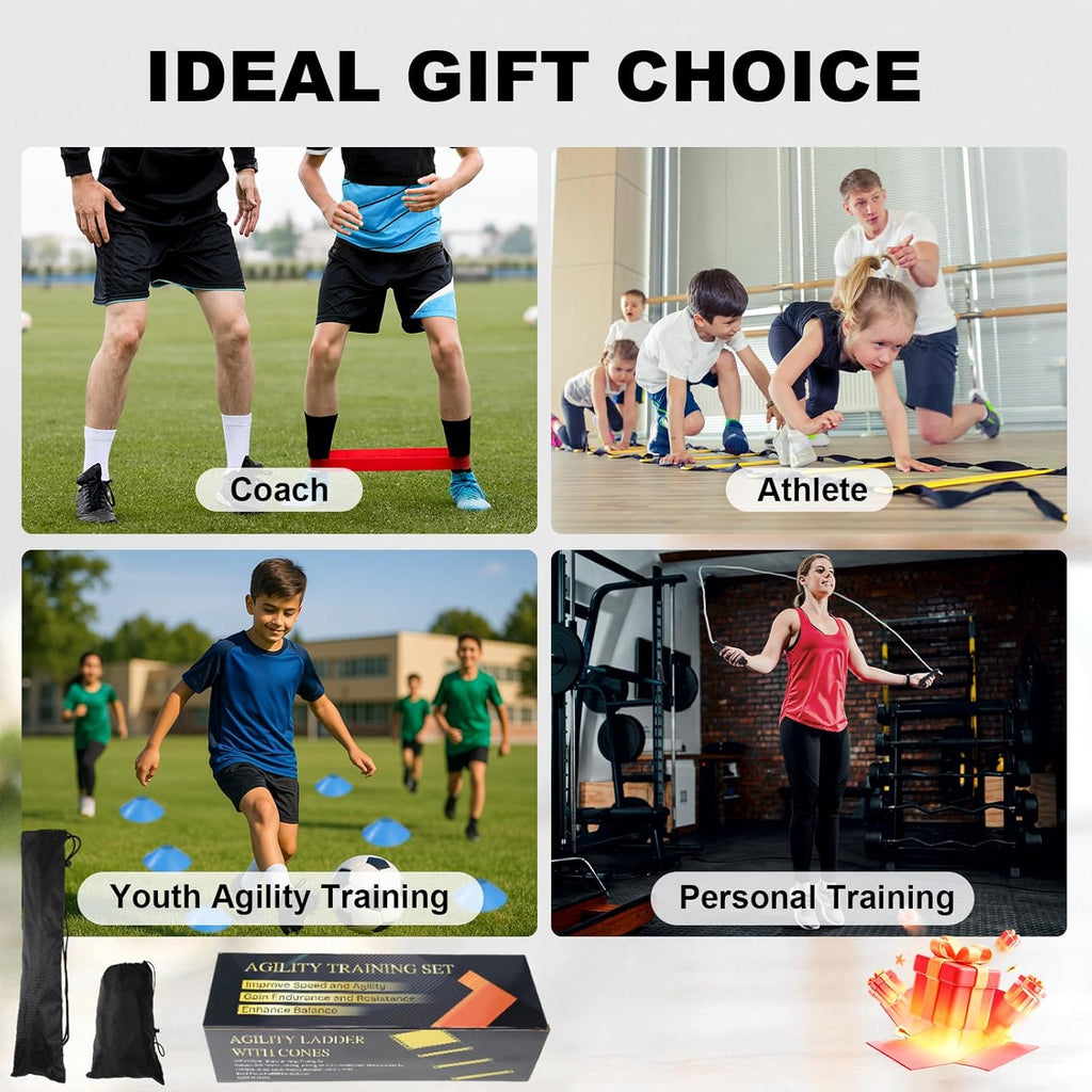Speed Agility Training Equipment Set - 20ft Agility Ladder, 12 Cones, Resistance Parachute & More for Kids & Adults