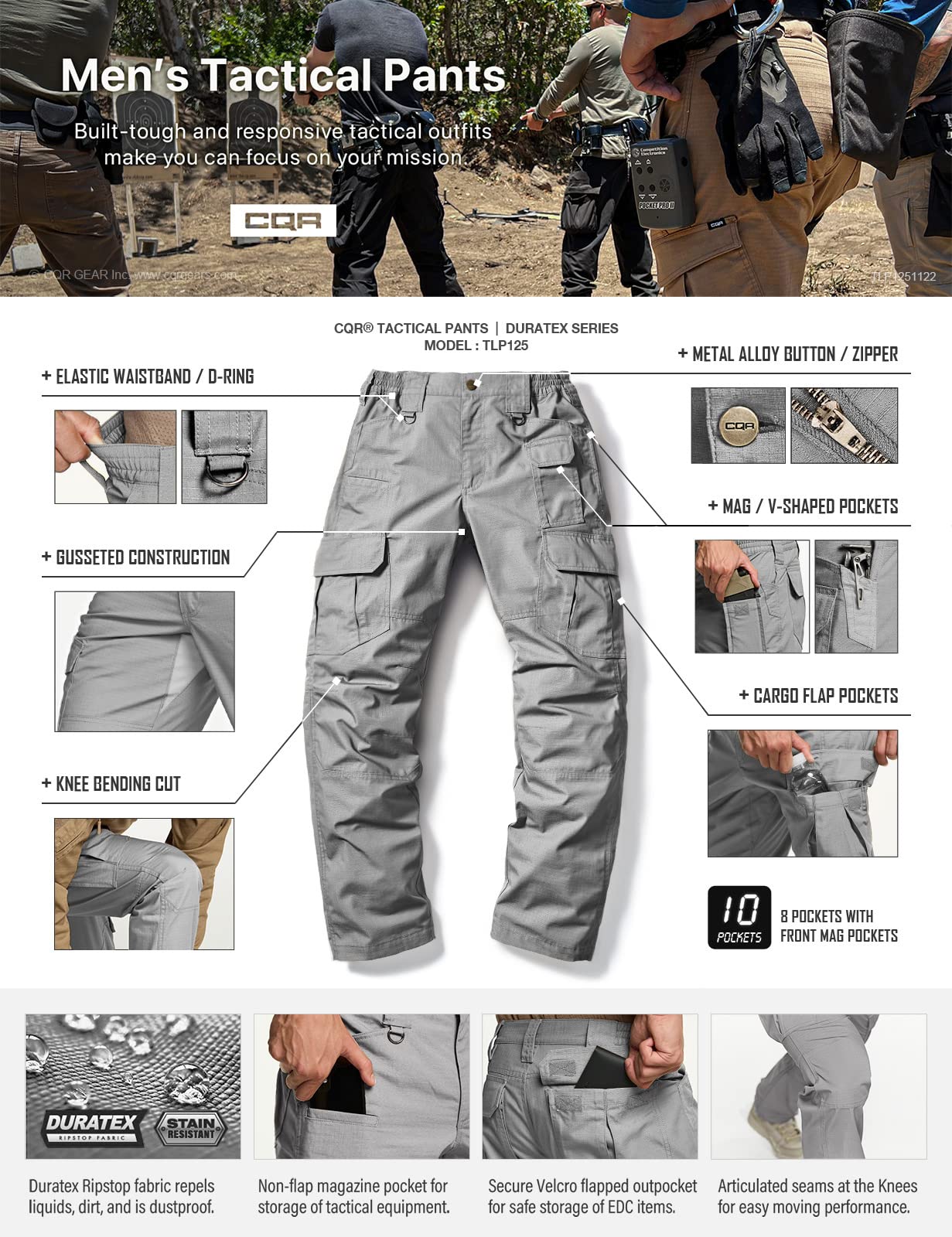 CQR Men's Tactical Pants, Water Resistant Ripstop Cargo Pants, Lightweight EDC Work Hiking Pants, Outdoor Apparel, Duratex Mag Pocket Stone, 44W x 30L