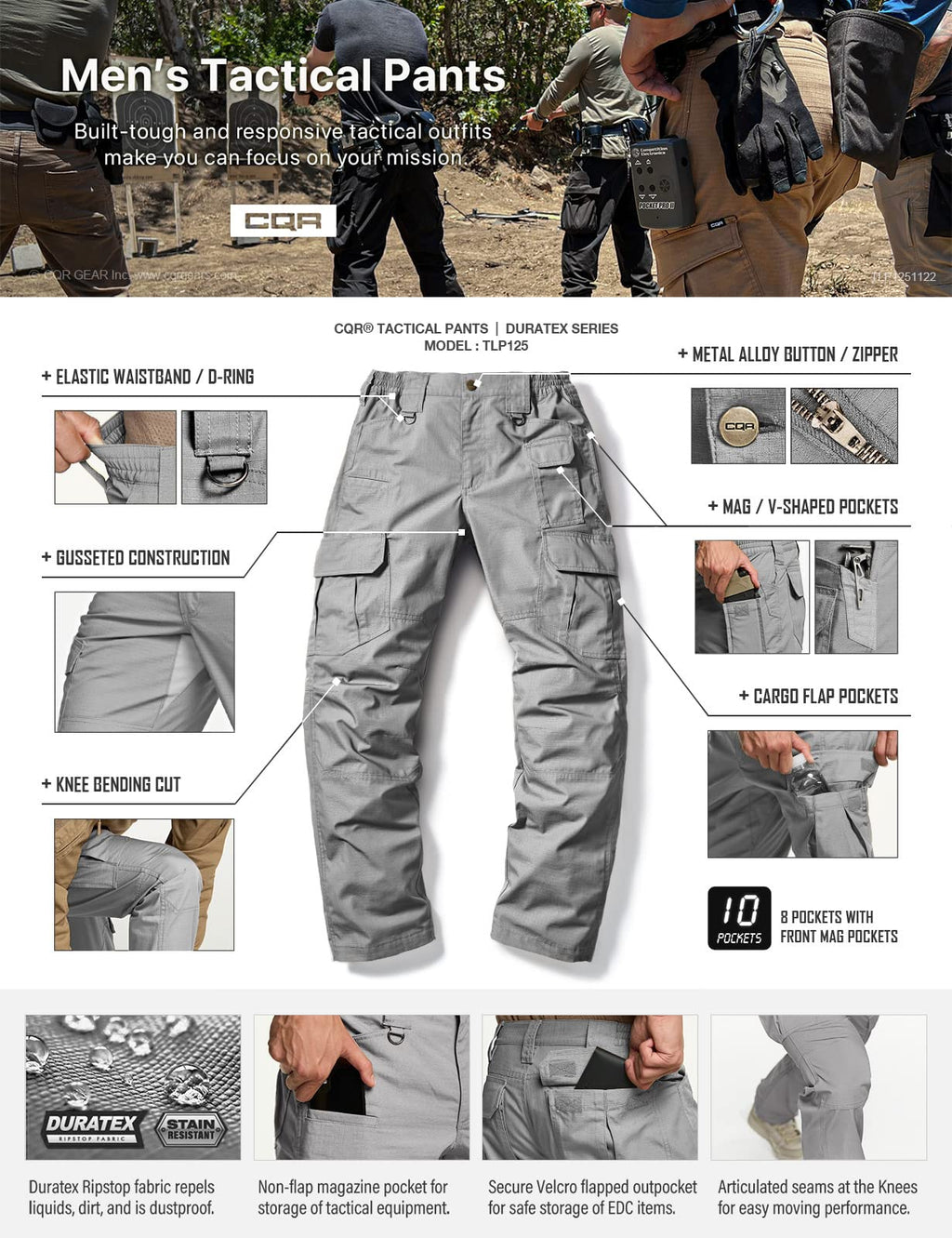 CQR Men's Tactical Pants, Water Resistant Ripstop Cargo Pants, Lightweight EDC Work Hiking Pants, Outdoor Apparel, Duratex Mag Pocket Stone, 40W x 34L