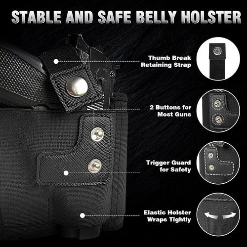 Gun Holster by Belly Band - Breathable Neoprene Tactical Belt with Zip Pocket for Phones | Fits Glock 17-43X, Taurus G3C, G2C & Most 9mm/380 Handguns