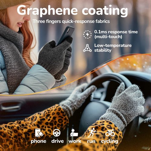 Heat equation Merino Wool Gloves for Men Women, Touch Screen Warm Glove Liners Thermal Soft Knit Lining for Winter Running Hiking L/XL Black Gray