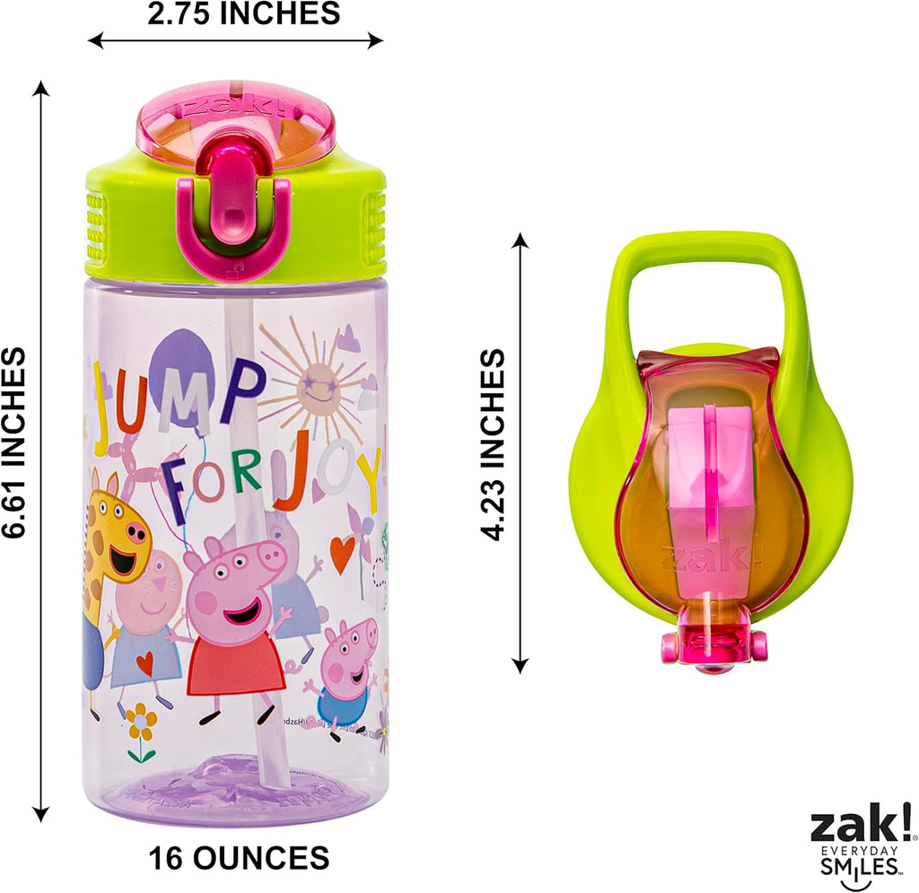 Zak Designs Peppa Pig Kids Water Bottle - 16oz Durable Plastic with Straw & Leak-Proof Design