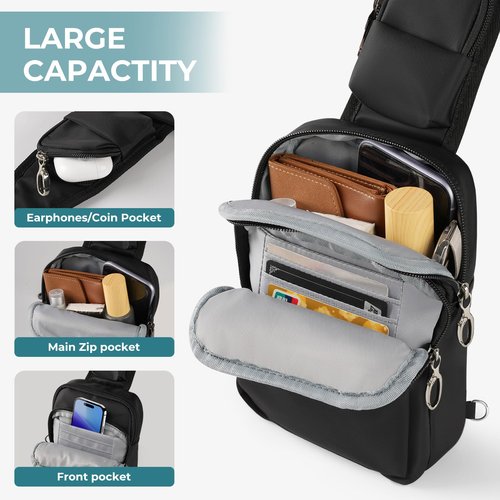 BROADREAM Sling Bag,Anti-Theft Tech Sling Backpack with Zipper Lock,RFID Blocking for Travel Work Sport(Black)
