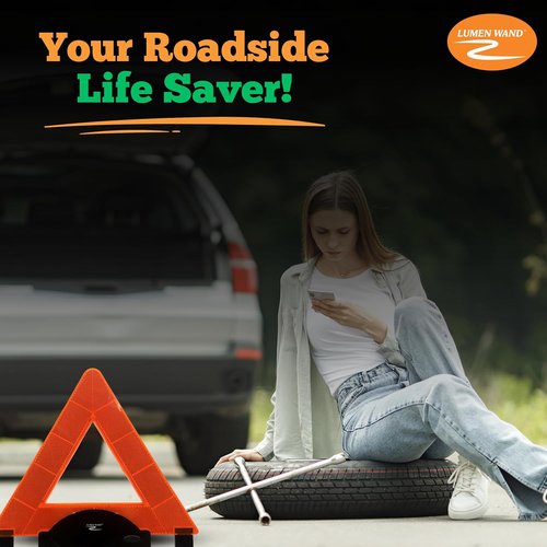 Lumen Wand LED Reflective Warning Triangles Kit - 3-Pack for Road Safety | Metal Base & Internal LEDs, Includes Storage Bag & 9 AAA Batteries