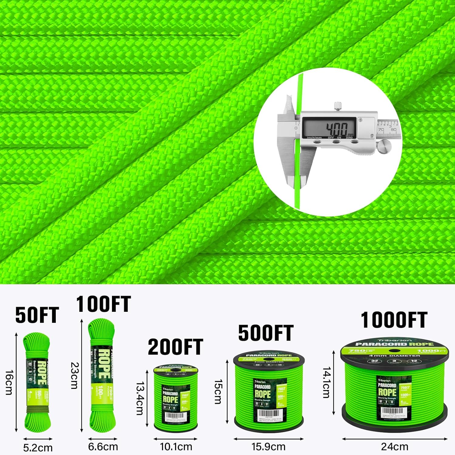 Paracord Rope 750 lb - 500ft Heavy Duty 12-Strand Parachute Cord | Neon Green Survival Gear