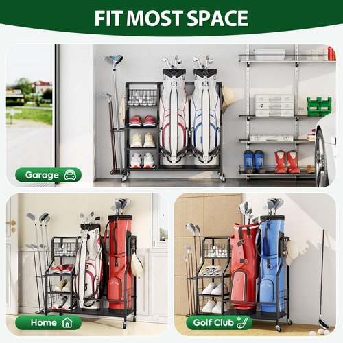 Golf Storage Organizer for Garage, Golf Bag Storage Rack with Lockable Wheels, Heavy Duty Golf Club Organizer with 3-Tier Shelves & Removable Hooks for Golf Accessories, Golf Bag Stand Holder, Black