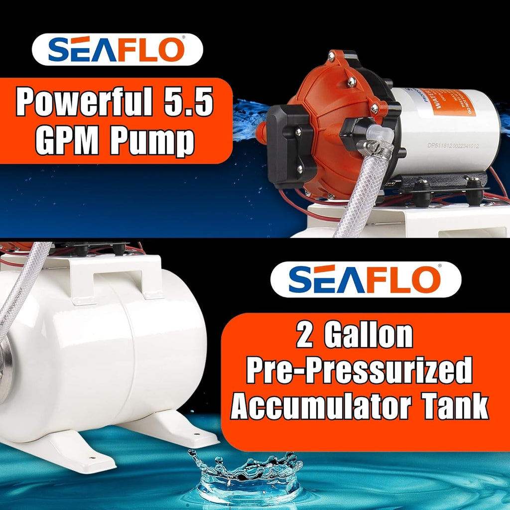 SEAFLO Marine Water Pump - 12V DC 60 PSI 5.5 GPM with 2 Gallon Accumulator Tank | Quiet Operation & 4-Year Warranty