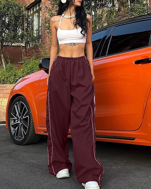 LAOARA Women Y2K Baggy Track Pants Elastic Waist Wide Leg Parachute Pants Jogger Sweatpants Wine Red