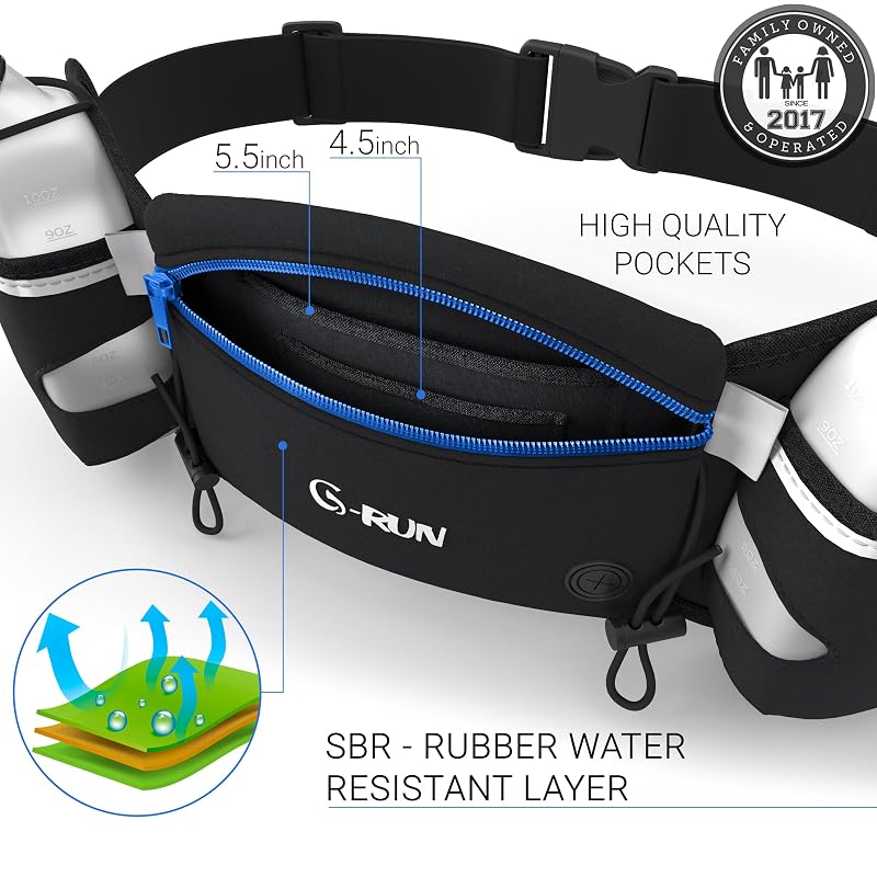 Hydration Running Belt with 10 oz Bottles - Blue, 25-33 Inch Waist - Phone Pocket for All Phones