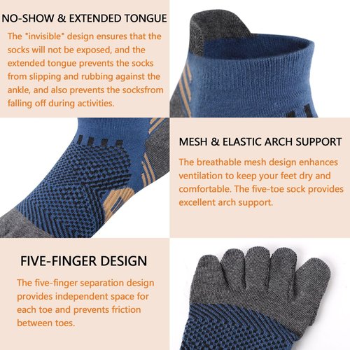 ABTRAV Men's Toe Socks Cotton Athletic Socks No Show Five Finger Sports Socks Arch Support Ankle Socks 6-9/9-12