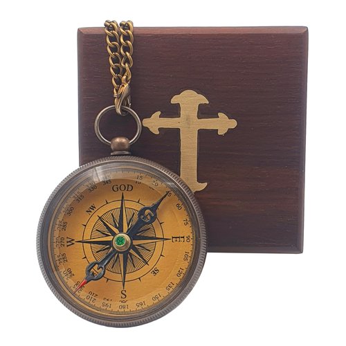 Antique Nautical Compass with “Be Strong and Courageous” Scripture Engraved | Vintage Magnetic Compass with Wooden Box | Baptism, Graduation, Christian Gift for Son, Father, Loved Ones