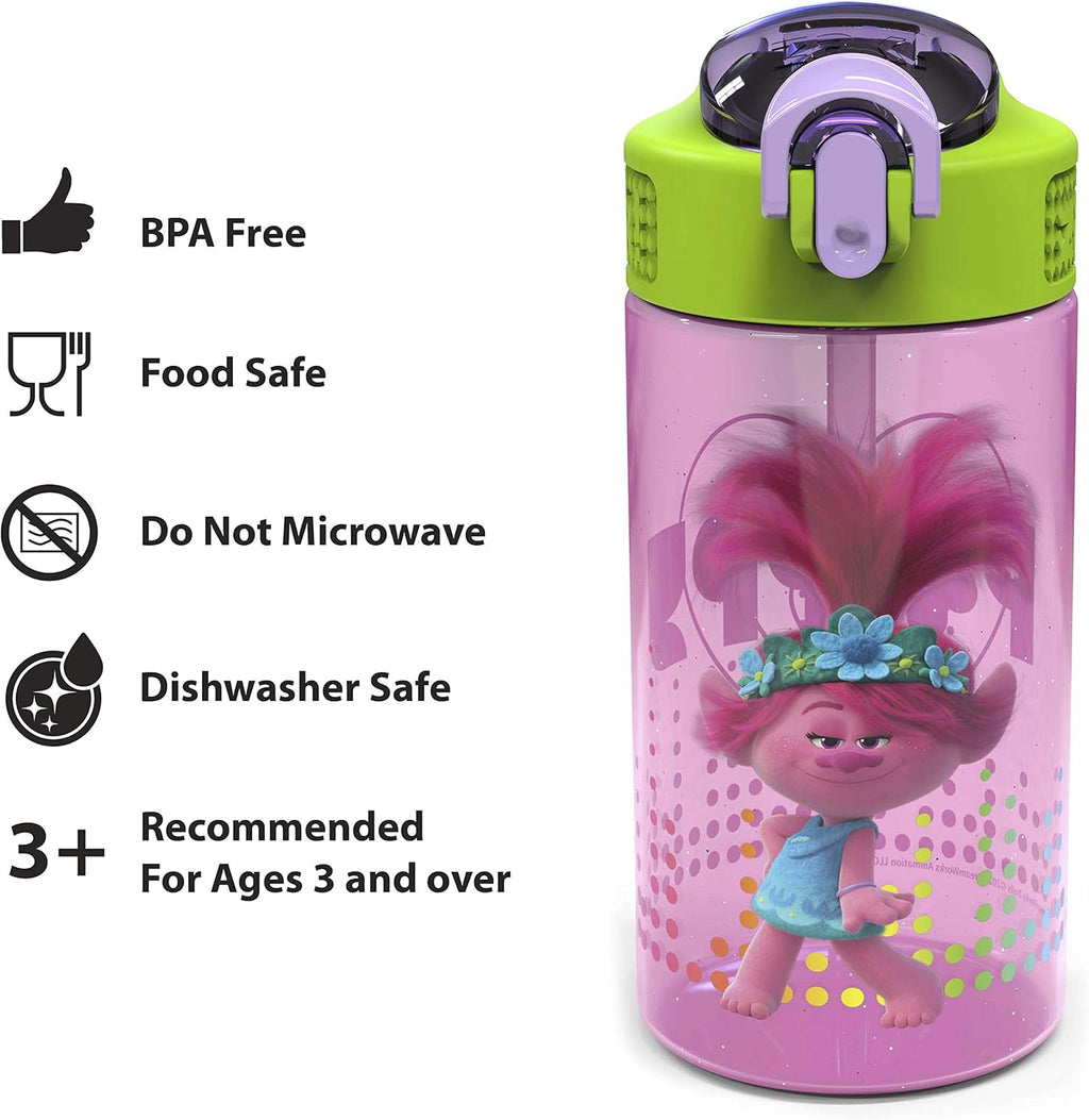 Zak Designs DreamWorks Kids Water Bottle - Durable Leak-Proof Spout Cover | 16oz, 2-Pack, Trolls 2 Design