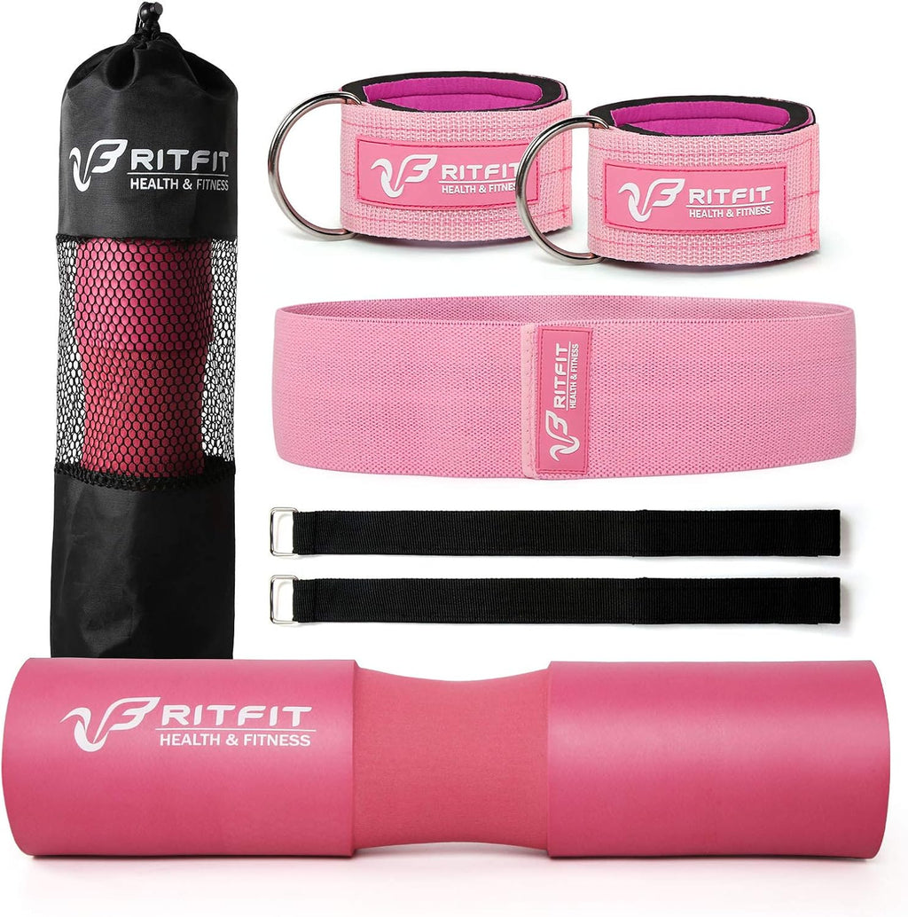 RitFit Barbell Squat Pad Set - 7 Pcs with Resistance Band & Safety Straps | Enhanced Neck & Shoulder Support (Pink/Black)