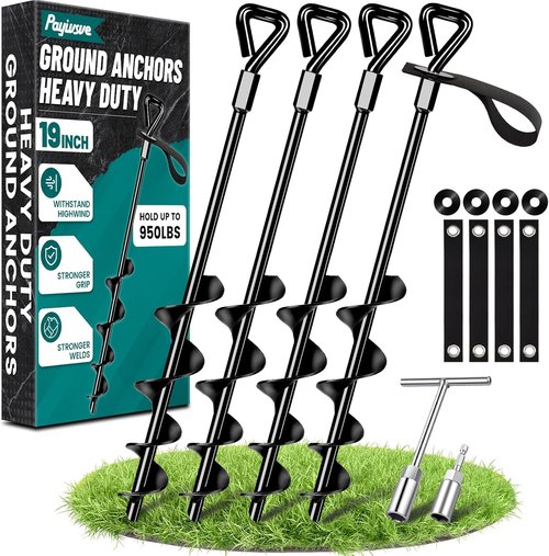 19-Inch Heavy Duty Ground Anchors by [Brand Name] - Screw-in Trampoline Stakes for High Wind Protection | Includes Strong Straps (4x19in)